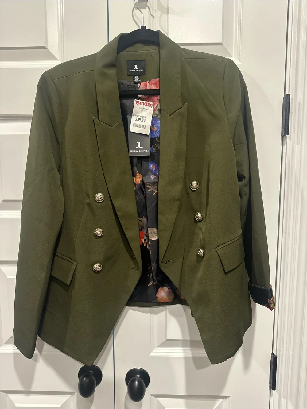 Jules & Leopold Olive Green Double-Breasted Blazer with Gold Buttons